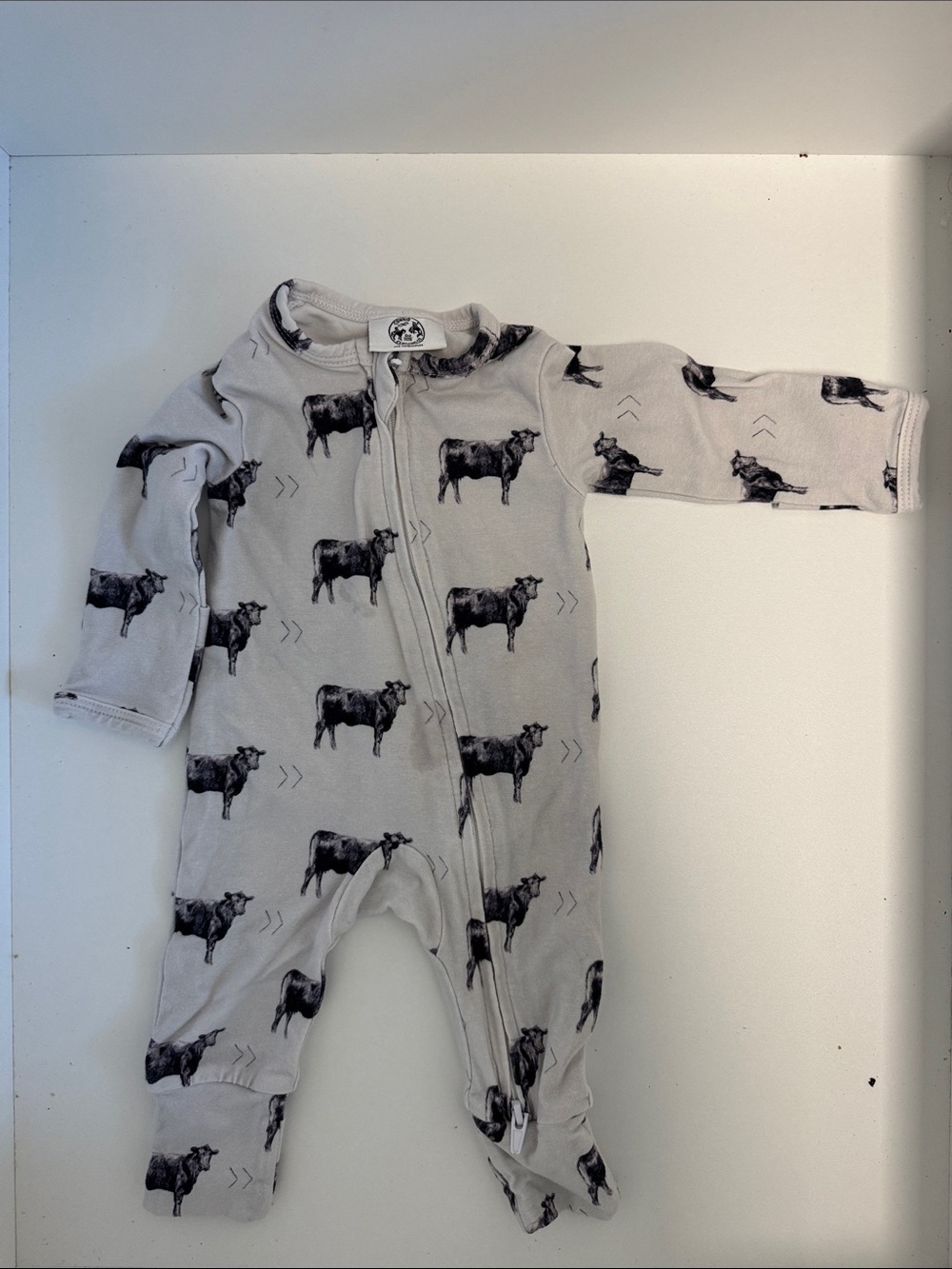 Baby Footed One-Piece with Black Cow Print - Light Gray CowKid Clothing Co